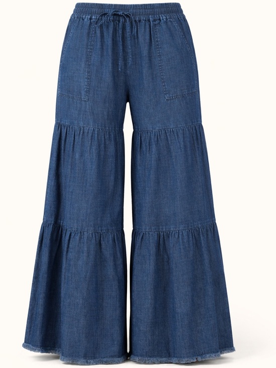 Billy T Pants - Billy T Fancy Tiered Wide Leg Denim Pants L Blue Boho Pull On